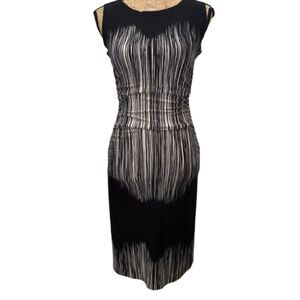 Norma‎ Kamali Sleeveless Shirred Waist Dress Fringe Print Black Chic Size Small